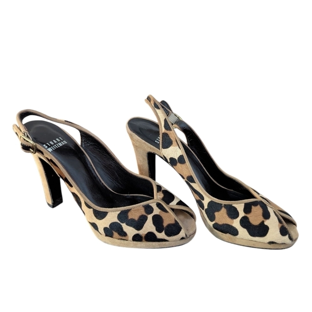 Stuart Weitzman, Leopard Print Cow Hide Slingback Heel,6.5